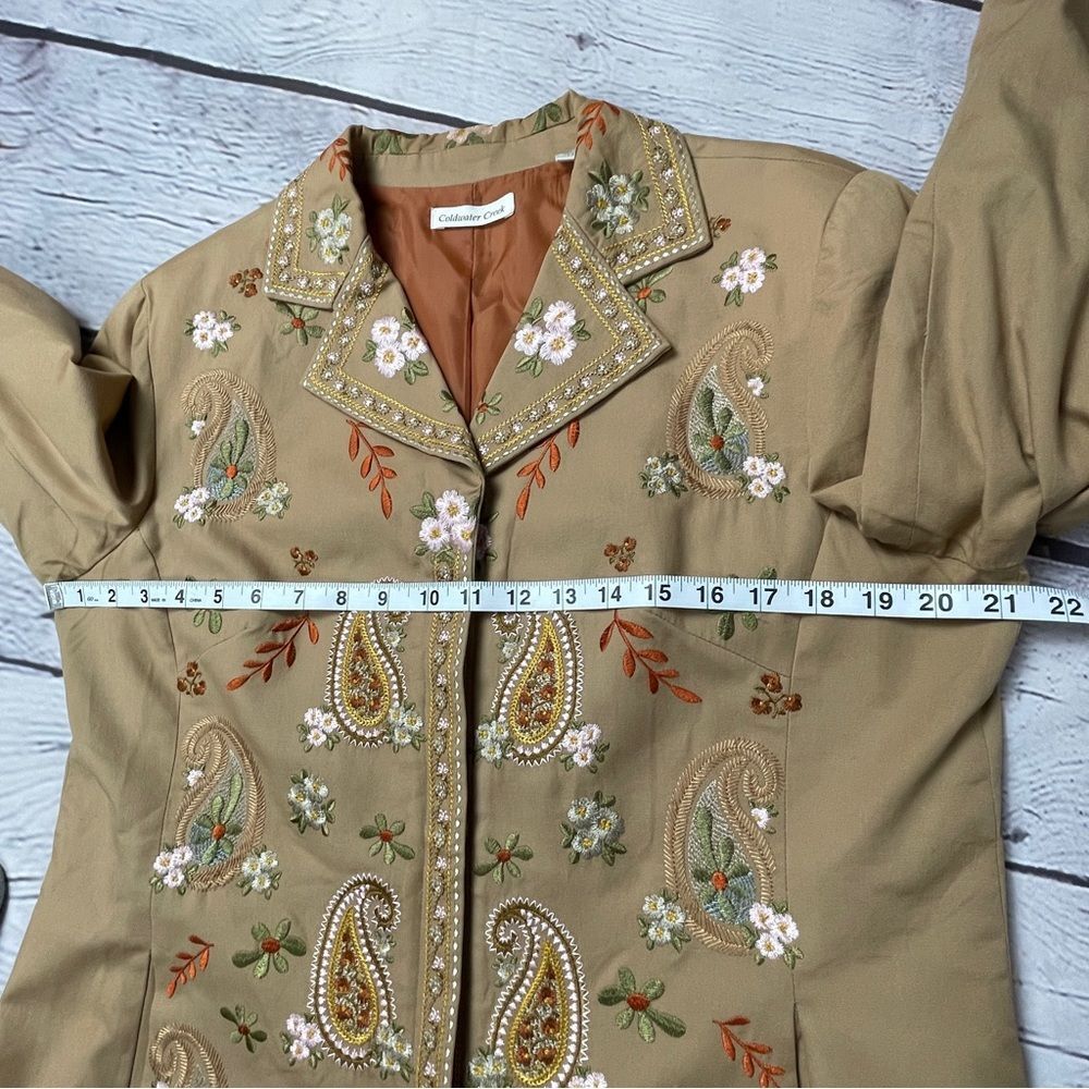 COLDWATER CREEK boho paisley floral embroidered tan coat jacket, size 14 - Picture 13 of 16